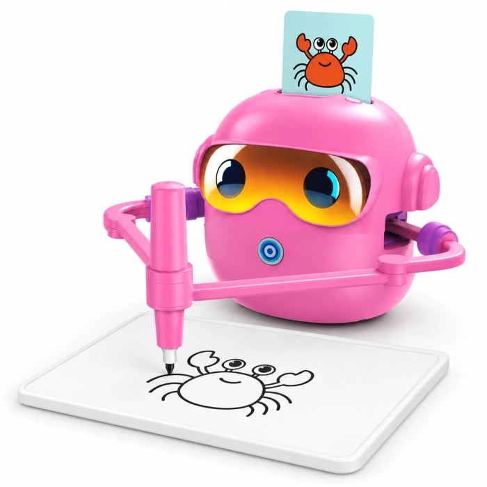 Różowy robot rysujący kontur kraba na podstawie karty obrazkowej